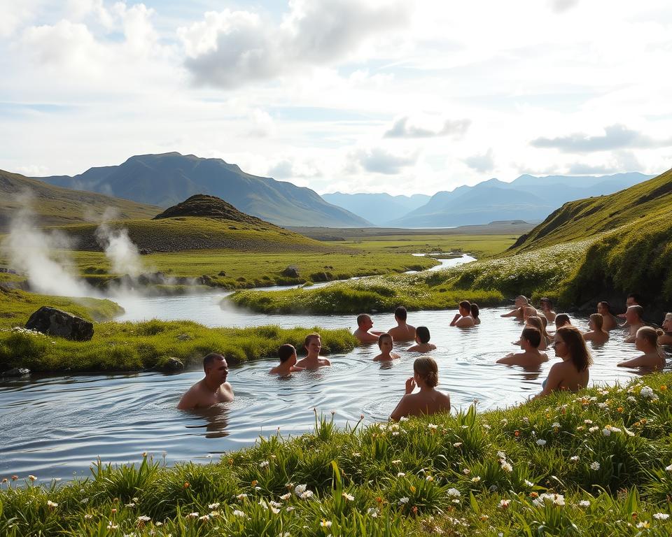 A serene scene at Reykjadalur, illustrating the thermal river as it gracefully winds through lush greenery. In the foreground, a diverse group of individuals in modest casual clothing soaking in the warm, steaming water, showcasing harmony and respect among bathers. In the middle ground, gentle slopes rise, dotted with wildflowers while the soft steam rises from the thermal river, adding a mystical touch. The background features the rugged Icelandic landscape with distant mountains under a partly cloudy sky, filtered sunlight casting a warm glow on the scene. The overall atmosphere is tranquil and inviting, emphasizing a respectful nature experience amidst the breathtaking surroundings. The image should be captured from a slightly elevated angle to showcase both the thermal river and the beautiful landscape, highlighting the connection between nature and wellness.