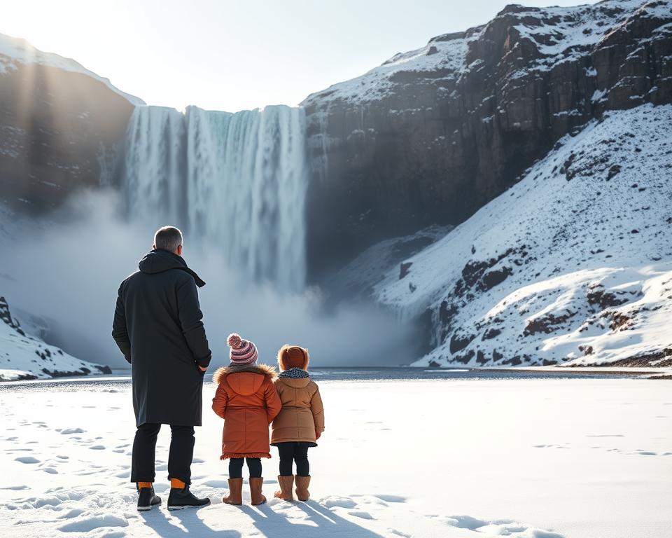 A serene winter scene featuring the majestic Selfoss waterfall in Iceland, focusing on safety measures for visitors. In the foreground, a family dressed in warm, modest clothing stands at a safe distance from the misty edge of the waterfall, observing the powerful cascading water. The middle ground showcases the stunning waterfall itself, with icy edges and a thundering flow of water, creating a dramatic contrast against the rocky cliffs. In the background, the snow-covered landscape glistens under soft, diffused sunlight, casting gentle shadows that enhance the scene's tranquility. The atmosphere is calm yet awe-inspiring, emphasizing the beauty of nature while reminding viewers of the importance of safety.