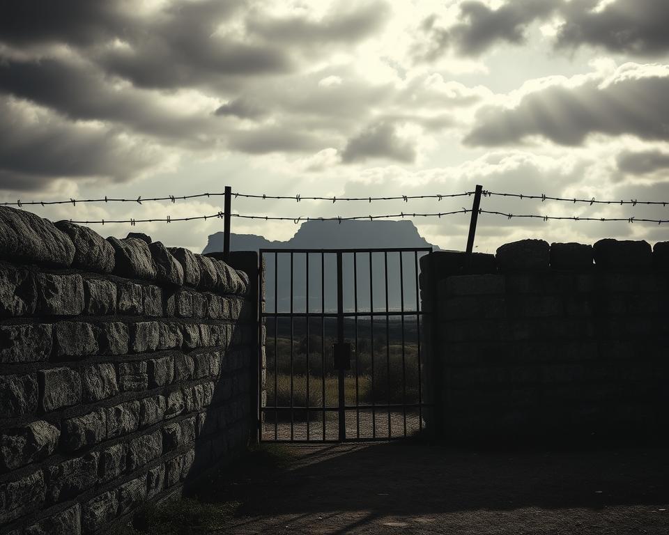A somber depiction of "Gefängnisregeln" on Robben Island, showcasing a weathered stone wall in the foreground, symbolizing imprisonment and oppression. In the middle, a sturdy iron gate stands ajar, representing restricted freedom, while the faint outlines of barbed wire stretch across the scene. The background features the dramatic silhouette of Robben Island against a cloudy sky, casting shadows that evoke a sense of despair. The lighting is muted and moody, with soft, diffused rays of light breaking through the clouds, enhancing the atmosphere of confinement and hopelessness. The overall composition should feel heavy and reflective, emphasizing the historical significance and the weight of state repression.