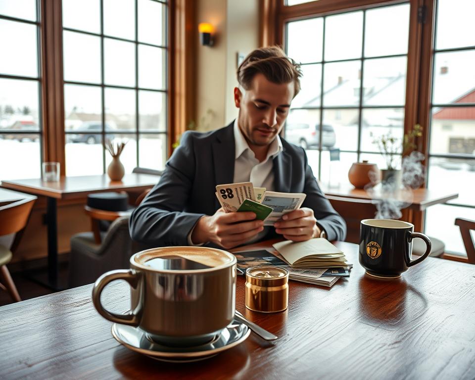 A sophisticated scene depicting "Kartensicherheit Island" in a cozy, well-lit café in Reykjavik. In the foreground, a professional individual in smart casual attire is seated at a wooden table, diligently organizing cash, bank cards, and transaction receipts. The middle ground features a glossy smartphone displaying a banking app, while a steaming mug of coffee sits nearby, adding warmth. In the background, distinct Icelandic decor enhances the ambiance, with large windows showcasing a snowy landscape outside. Natural light streams in, creating a serene and secure atmosphere, emphasizing the importance of financial safety in traveling. The overall mood is calm and focused, promoting a sense of financial awareness and security.