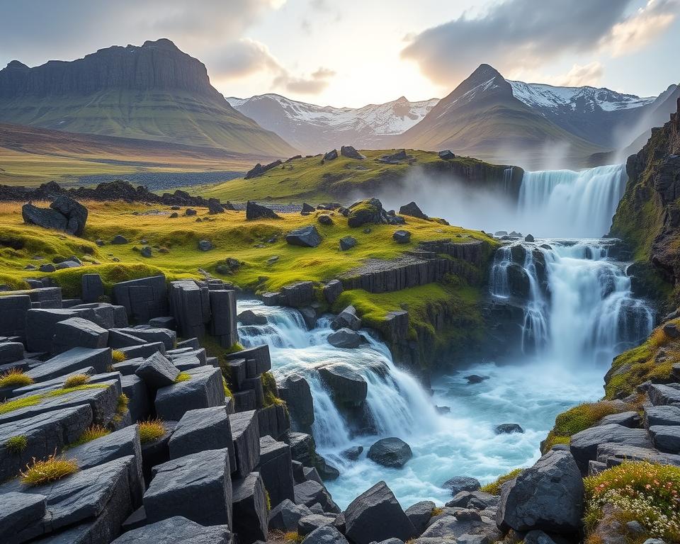 A stunning landscape of Selfoss Waterfall in Iceland, showcasing its striking geological features. In the foreground, jagged basalt columns form intricate patterns, while the rushing waters cascade dramatically over the cliffs, creating mist rising into the air. The middle ground reveals a rugged, lush vegetation with vibrant green moss and wildflowers that thrive in the volcanic soil. The background features towering volcanic mountains, capped with patches of snow, under a soft, golden light of a late afternoon sun. The scene captures a serene yet powerful atmosphere, emphasizing the unique geology and natural beauty of the area. Use a wide-angle lens to enhance the depth and grandeur of the landscape.