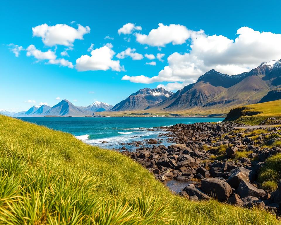 A stunning landscape of Siglufjörður, Iceland, showcasing the serene coastal scenery. In the foreground, lush green grass leads to a rocky shore with gentle waves lapping at the edges. The middle ground features a picturesque fjord, with vibrant blue waters reflecting the sky. Majestic mountains rise dramatically in the background, some capped with snow against a clear, bright blue sky dotted with fluffy white clouds. The warm sunlight casts soft shadows, adding depth and highlighting the textures of the rocks and vegetation. The scene exudes a peaceful and idyllic atmosphere, inviting viewers to immerse themselves in the natural beauty of the region. The angle is slightly elevated, providing a panoramic view that captures the vastness and tranquility of this stunning landscape. A stunning landscape of Siglufjörður, Iceland, showcasing the serene coastal scenery. In the foreground, lush green grass leads to a rocky shore with gentle waves lapping at the edges. The middle ground features a picturesque fjord, with vibrant blue waters reflecting the sky. Majestic mountains rise dramatically in the background, some capped with snow against a clear, bright blue sky dotted with fluffy white clouds. The warm sunlight casts soft shadows, adding depth and highlighting the textures of the rocks and vegetation. The scene exudes a peaceful and idyllic atmosphere, inviting viewers to immerse themselves in the natural beauty of the region. The angle is slightly elevated, providing a panoramic view that captures the vastness and tranquility of this stunning landscape.