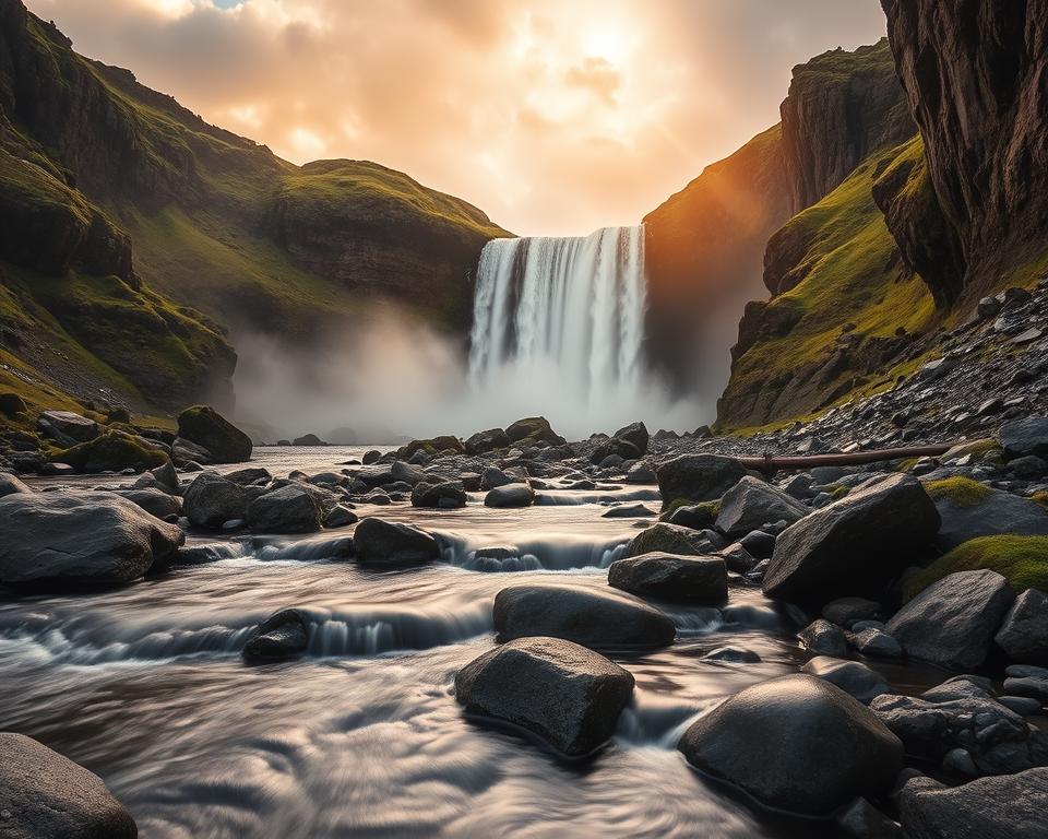 A stunning view of the Selfoss waterfall in Iceland, showcasing the majestic cascading water surrounded by rugged basalt cliffs. In the foreground, gentle streams meander over smooth rocks, creating a serene ambiance. The middle ground features the powerful waterfall itself, with water splashing dramatically over the edge, illuminated by soft, golden sunlight filtering through the clouds. In the background, lush green hills rise, contrasting beautifully with the grey sky, while a rainbow forms in the mist above the falls. The atmosphere evokes tranquility and adventure, captured as if taken with a 24mm lens at golden hour, emphasizing the natural beauty and grandeur of the location. The overall mood is captivating and inviting, perfect for nature enthusiasts.