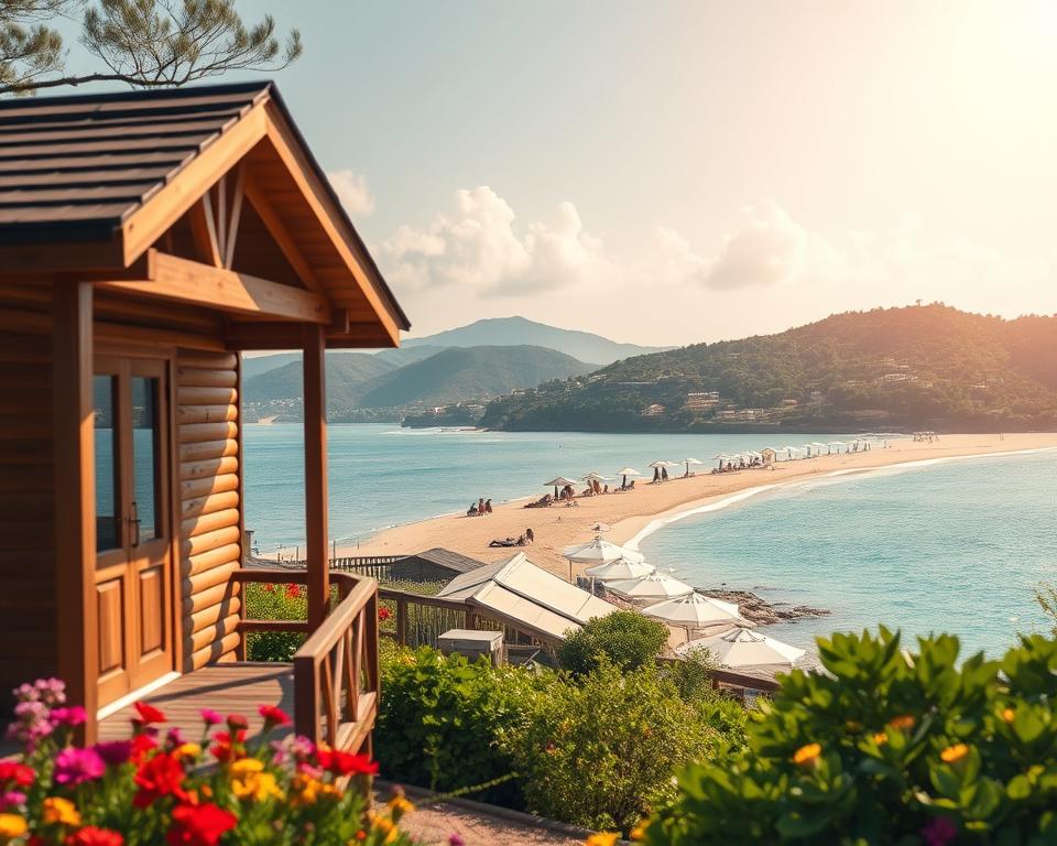 A tranquil island scene depicting "Budget Island," focusing on an inviting landscape ideal for travelers on a budget. In the foreground, a cozy wooden lodge with a simple yet warm design, surrounded by colorful wildflowers and lush greenery. In the middle ground, a sandy beach stretching along the sparkling blue water, where budget-friendly beach umbrellas provide shade for small groups of visitors relaxing. The background reveals picturesque hills dotted with modest houses and small farms, conveying a sense of local culture and affordability. Soft, natural sunlight filters through a few fluffy clouds, creating a warm and welcoming atmosphere. The scene is captured with a slight tilt-angle to emphasize depth, using a soft-focus lens to evoke a serene and peaceful mood, perfect for budget-conscious travelers.