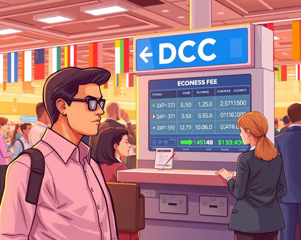 A visually engaging illustration representing the concept of "avoiding DCC" in currency exchange. In the foreground, depict a diverse group of individuals, including a professional man and woman, interacting at a currency exchange booth. Both are dressed in business attire, appearing focused and attentive. In the middle ground, showcase a large digital display showing fluctuating currency rates and a crossed-out symbol over high conversion fees. The background should feature an airport or busy market setting, hinting at travel and commerce with international flags subtly hanging. The lighting is warm and inviting, creating a sense of urgency yet professionalism, capturing the essence of smart financial decisions. The overall mood is empowering, promoting awareness and savings in currency exchanges.