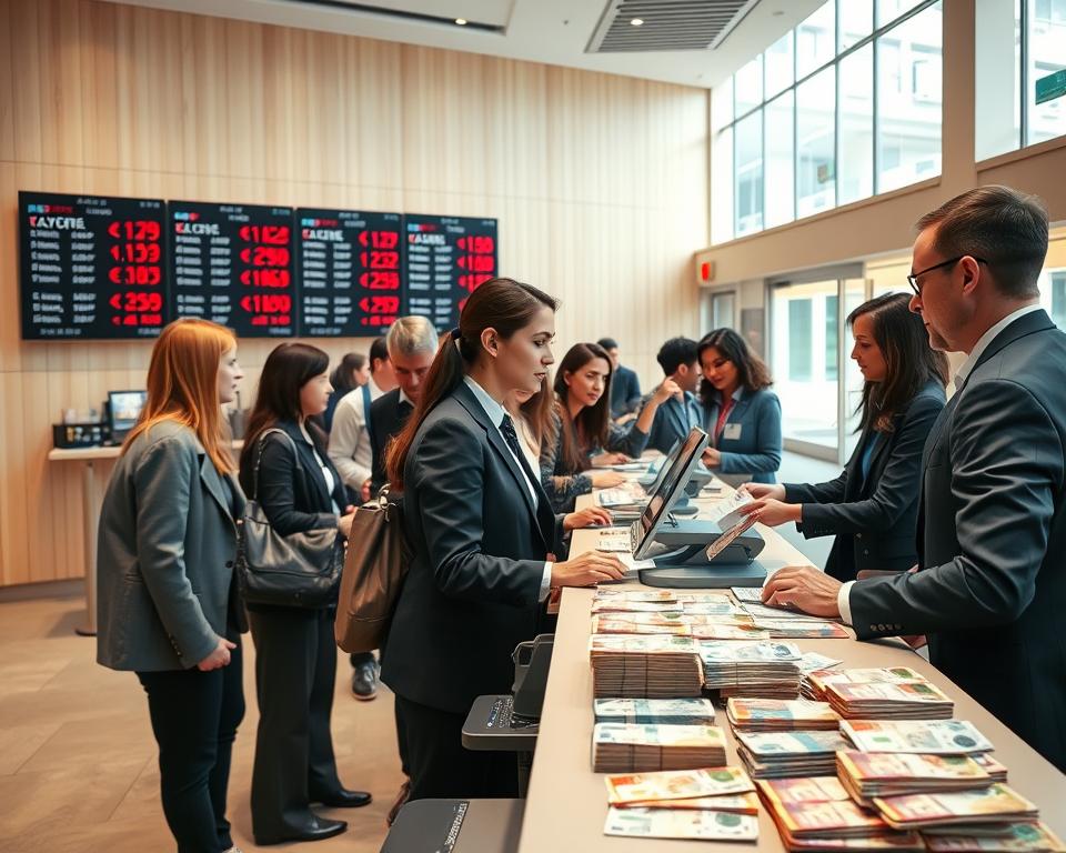 A visually engaging scene depicting a foreign exchange service with a focus on currency exchange fees. In the foreground, a professional-looking bank teller in smart business attire assists a diverse group of customers, showing interactions over a modern exchange desk filled with various banknotes, including the Icelandic króna. The middle ground features an array of currency exchange rate boards showing real-time information, casting a warm glow of soft lighting. In the background, a well-designed bank interior with light wood accents and large windows letting in natural light, creating an inviting atmosphere. The overall mood is professional yet friendly, evoking trust and clarity in financial transactions.