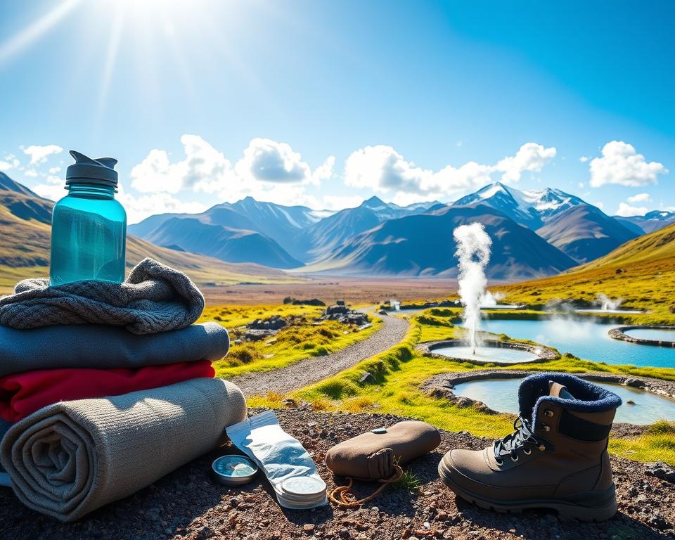 A well-organized pack list for hiking in Reykjadalur, set on a vibrant, sunlit background of the stunning Icelandic landscape. In the foreground, neatly arranged items like a sturdy water bottle, a rolled towel, warm layers of clothing, hiking boots, and essential outdoor items like a compass and snacks. The middle ground features a winding trail leading to the geothermal hot springs, surrounded by lush greenery and steam rising gently from the warm pools. In the background, dramatic mountains under a bright blue sky with fluffy white clouds. The mood is adventurous and serene, capturing the essence of a nature experience in Reykjadalur. The image is bright and inviting, with soft, natural lighting inviting the viewer to explore.
